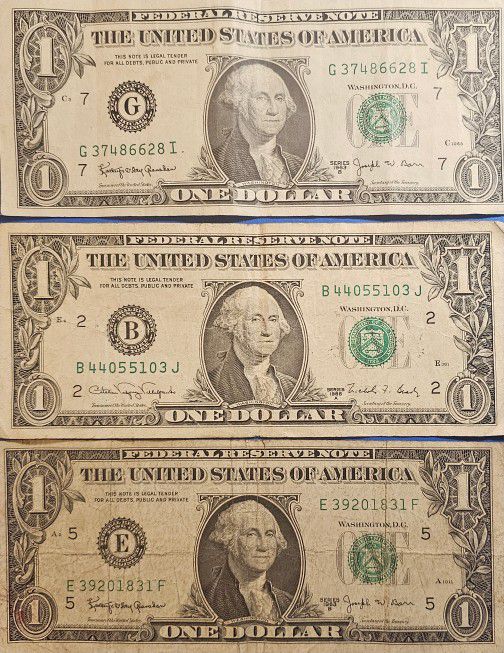Two 1963 B's and One 1988 A, 3 individual older 1 Dollar bills