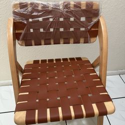 Wooden Foldable Chair with Leather-Woven Backrest and Widened Seat 