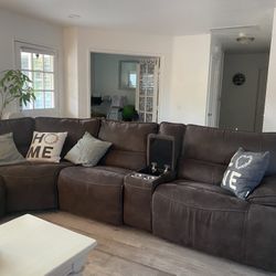 Sectional Couch 3 Recliners Brown Suede 
