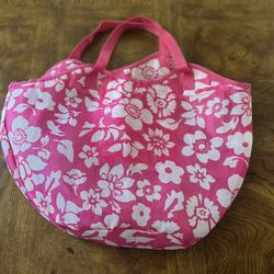 Y2K Beach Bag Mesh Vintage Wet Dry Bag Summer Flower Hibiscus Power Pink Sand n Sun Floral Mesh Woven Large Beach Tote Shoulder Bag 