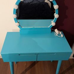 Blue Vanity Desk with Lighted Mirror