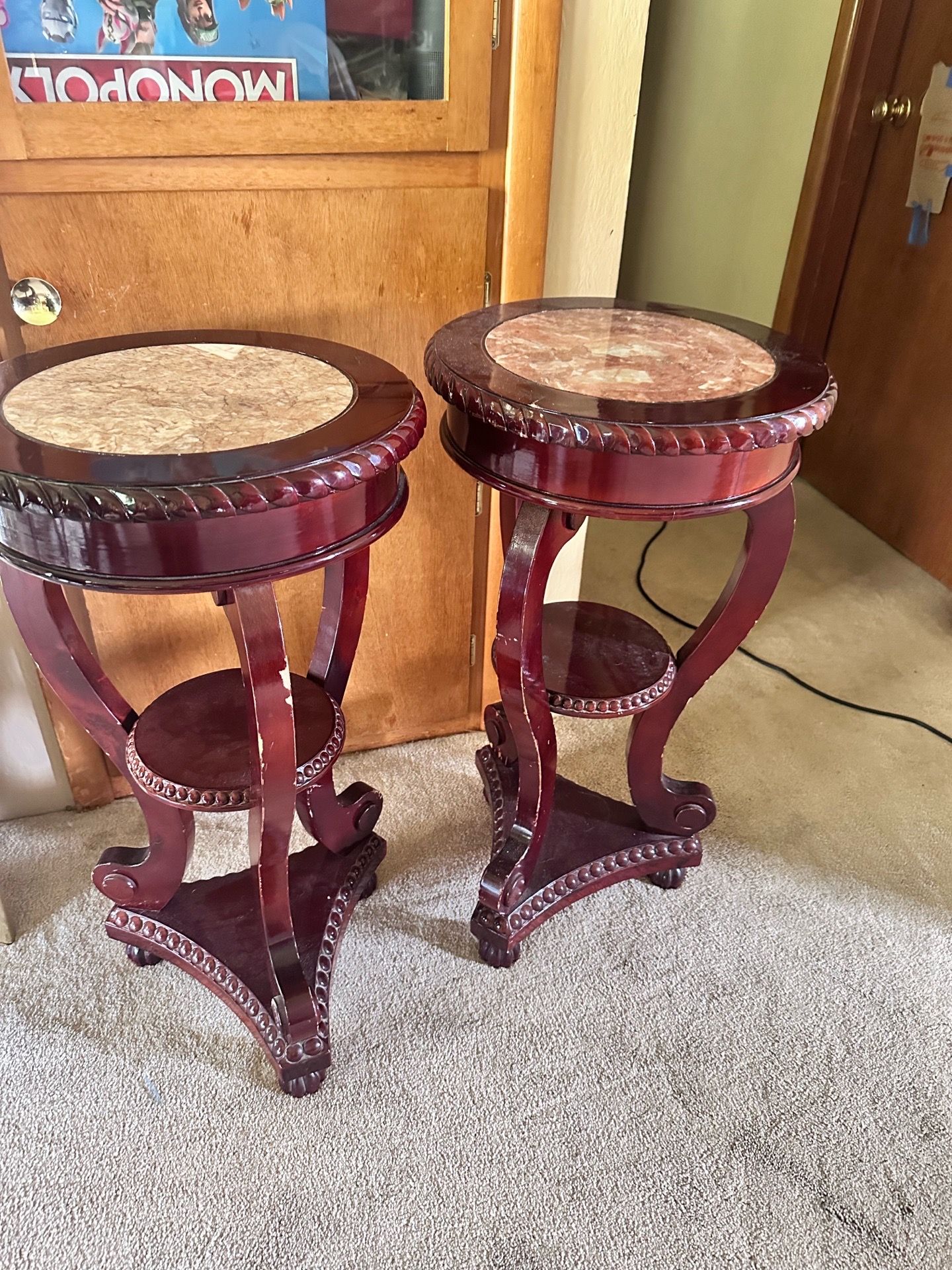 Vintage Marble-Top Accent Tables / Plant Stands – Set of 2 🌿✨