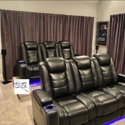 Brand New Theater Couch 💥 Leather Black Electric Power Reclining Sofa Couch With Cup Holders, Adjustable Headrest, LED Lights| White, Gray, Brown Opt