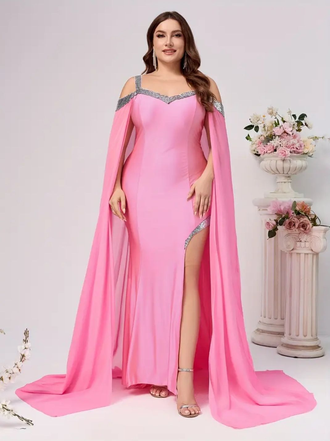 Elegant Pink Evening Gown with Sequins and Train Sleeves