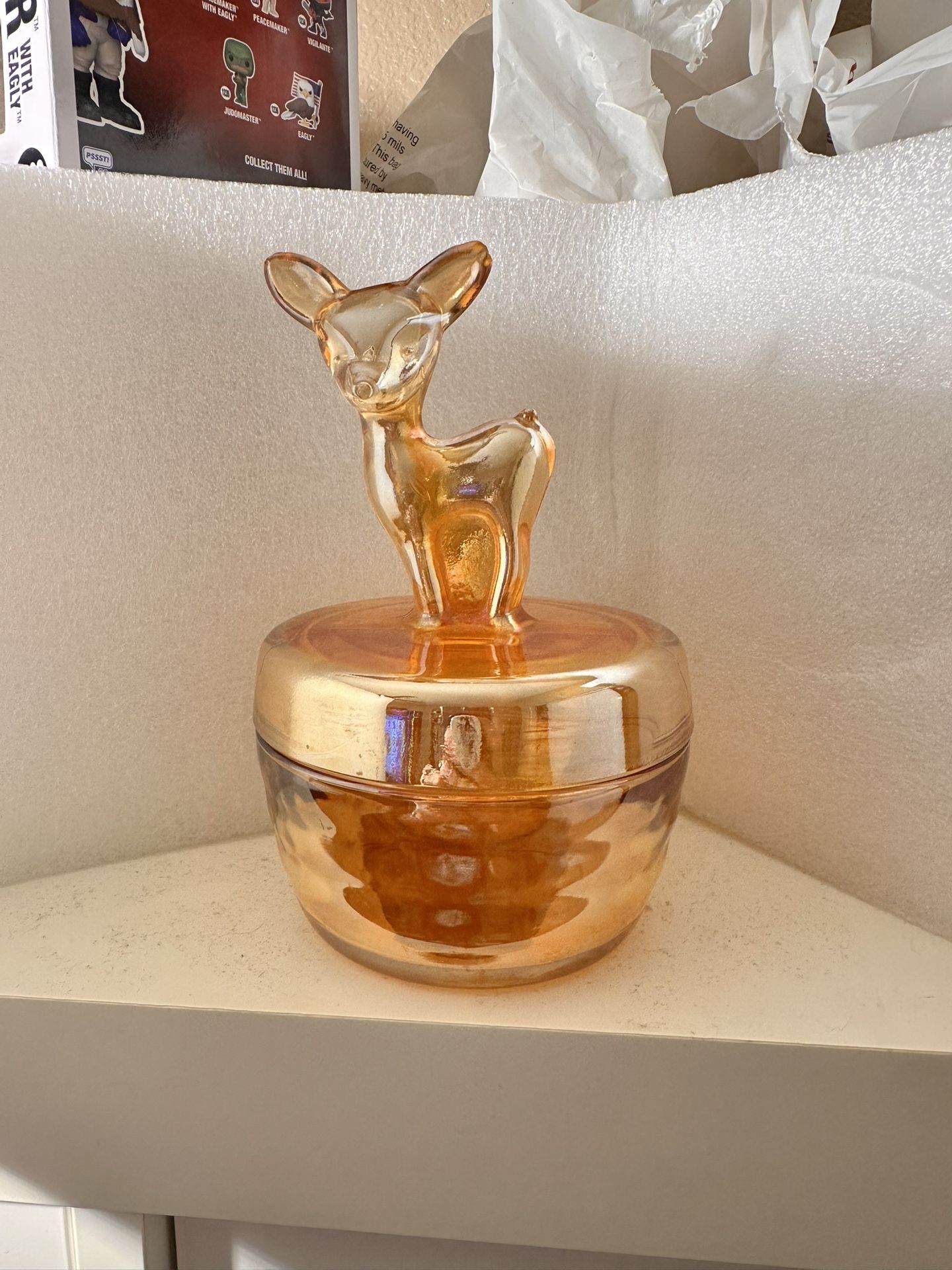 Vintage Jeanette Glass Marigold Carnival Glass Deer Fawn Vanity Powder Jar Dish