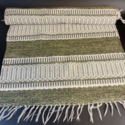 Vtg Swedish Hand Made Rag Rug 24" x 77" Hallway Runner Green Tan Woven 20-30's