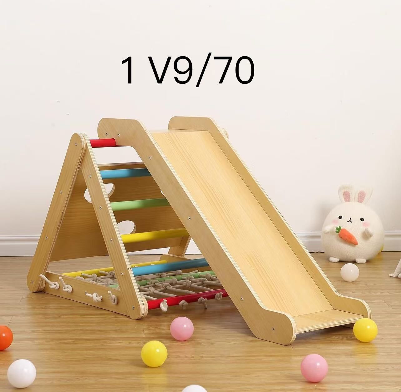 Toddler Indoor Gym Playset, 2 in 1 Wooden Climbing Toys, 3-Sided Wooden Triangle Climber with Climbing Net,Sliding Ramp, Sandbags & Board for Kids Boy