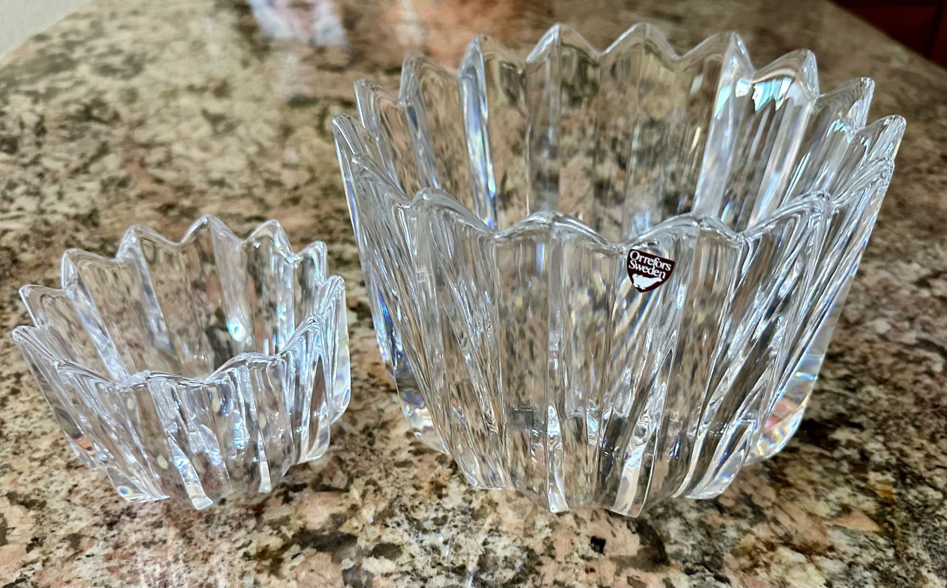 Two Vintage Orrefors Sweden Prince Crown Fleur Designed and signed by Jan Johansson Mother $45 Daughter $20 Crystal Candy, Nut dish