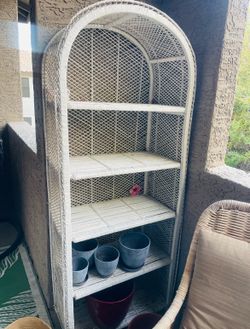 70” wicker tall storage & 10 pots