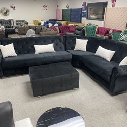 New Black Velvet Living Room Sectional / Sleeper - Delivery And Financing Available 