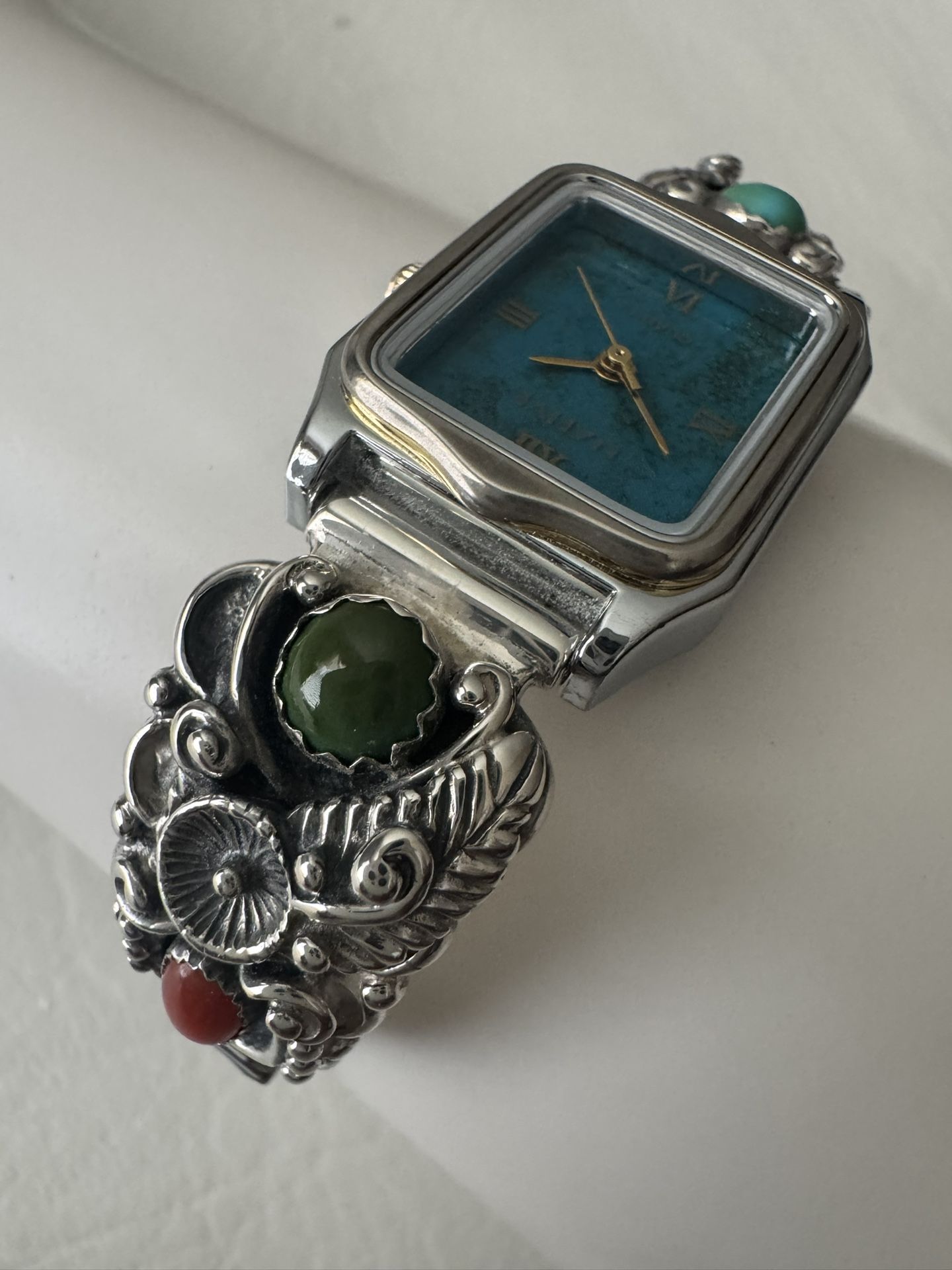 STC Native American Sterling Silver Turquoise & Coral Wrist Watch