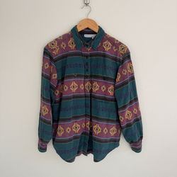 Size M Backroad Blues 100% Cotton Vintage Multicolor Geometric Indie Button Down