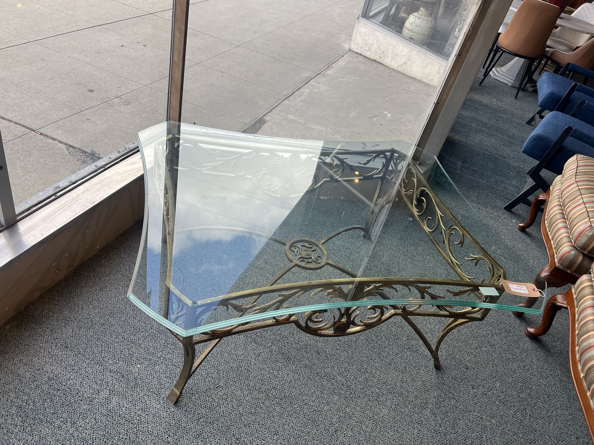 COFFEE TABLE: Rectangular Coffee Table w/ gold ornate metal base & glass top SKU UA61H2