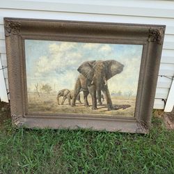 Large Framed Elephant Painting – Signed Peters