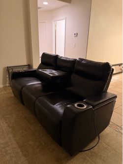 Genuine Leather Power Reclining Loveseat/Theater Seating – USB Ports, LED Cup Holders & Adjustable Headrests