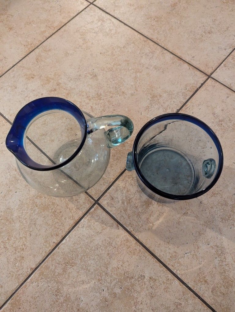 Blue Rim Mexican Pitcher And Ice Bucket