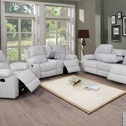 Gray Linen Reclining 3 Piece Sofa Set