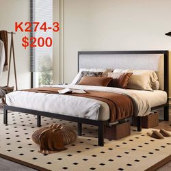 King Size Platform Bed Frame with Minimalist Upholstered Headboard K274-3