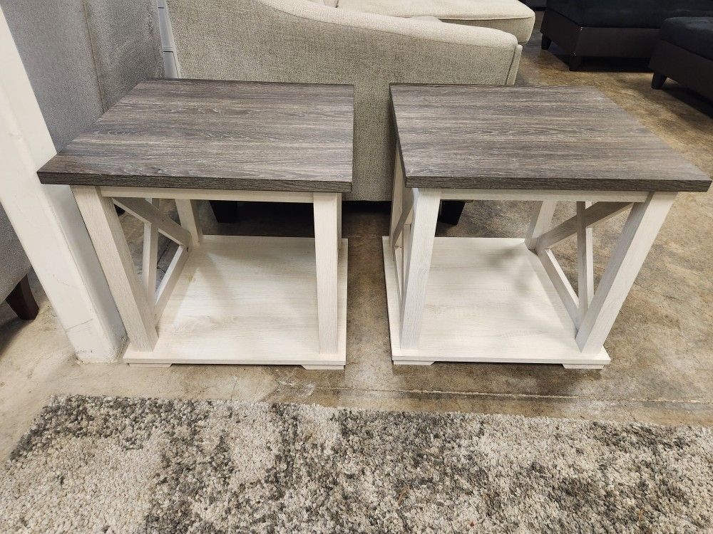 LIKE NEW - 2 Matching Ashley Modern Wood End Side Tables Gray/Beige
