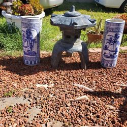 Hexagon Shaped Japanese Stone Lantern + 2 Umbrella Stands Ceramic Umbrella Stand Stick Rack Holder or Vase