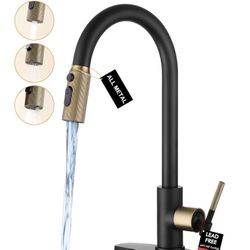 Bopevin Kitchen Faucet with Pull Down Sprayer, 3 Spray Modes Metal Head, Stainless Steel Single Handle High Arc Kitchen Sink Faucet, for Farm, Bar, Fi