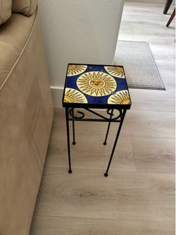 Decorative Wrought Iron Accent Table with Ceramic Sun Tile Top
