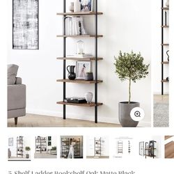 5-Shelf Ladder Bookshelf Oak Matte Black