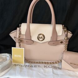 Cream And Pink Michael Kors Purse With Matching Wallet