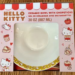 Hello Kitty Ceramic Bowl w/ Chopsticks NIB