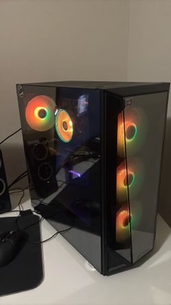 Pc and monitor and with a steel series, keyboard, and a mouse and two large speakers with a 3060 32 gigs ddr4 10th gen ryzen 7