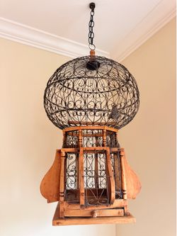 Vintage Victorian-Style Hanging Birdcage featuring an Ornate Wire Dome and Handcrafted Wooden Base