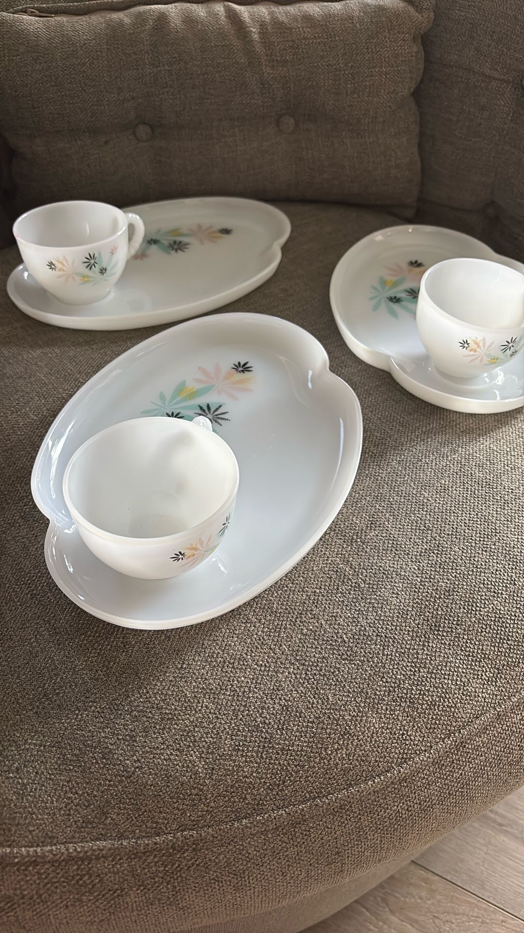 3 Sets Vintage Atomic Flower Federal Milk Glass Patio Snack Sets