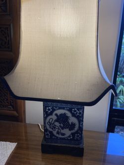 Vintage 1970s Korean Marble Blue White Block night stand Lamp Works and Shade 