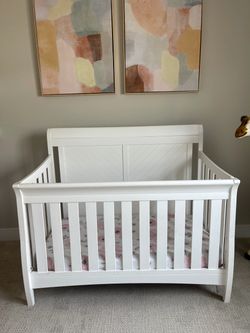 White Crib + Mattress + Multiple Crib Sheets