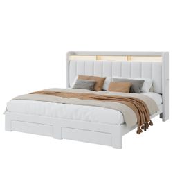 Upholstered Platform Bed Frame With Wingback Design Headboard,Charging Station, 2 Storage Drawers