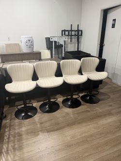 Bar Stools Set of 4 Modern Swivel Bar Chairs, Counter Height Faux Leather Metal Barstools, Upholstered Island Chairs with Back and Footrest, Beige