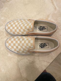 Peach and white checkered vans slip on