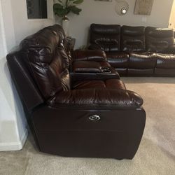 (Furniture Restoration) Brown Faux Leather Power Sofa ( Recliners, Cup Holders & storage) 