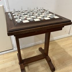 Wooden Chess Table / Side Table W/ Elegant Chess Board 