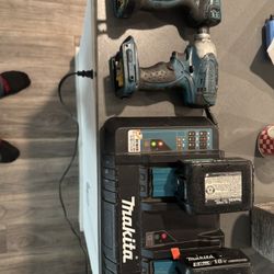 Two Makita Impact Drills, Two Batteries, Double Battery Charger