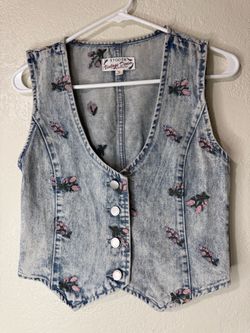 Stoosh Vintage Denim Design Floral Embroidery Light Wash Vest Size Small