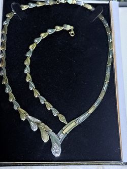 10k Puff Art Deco Shain & Bracelet Set White And Yellow Gold 22g