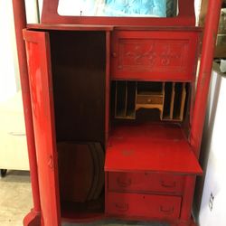 Vintage Red Painted Hutch/Desk, Distressed Wood