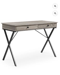 42 Inch Writing Computer Desk with 2 Storage Drawers, Home Office Study Desk Makeup Vanity Console Table with X-Style Metal Frame - Gray