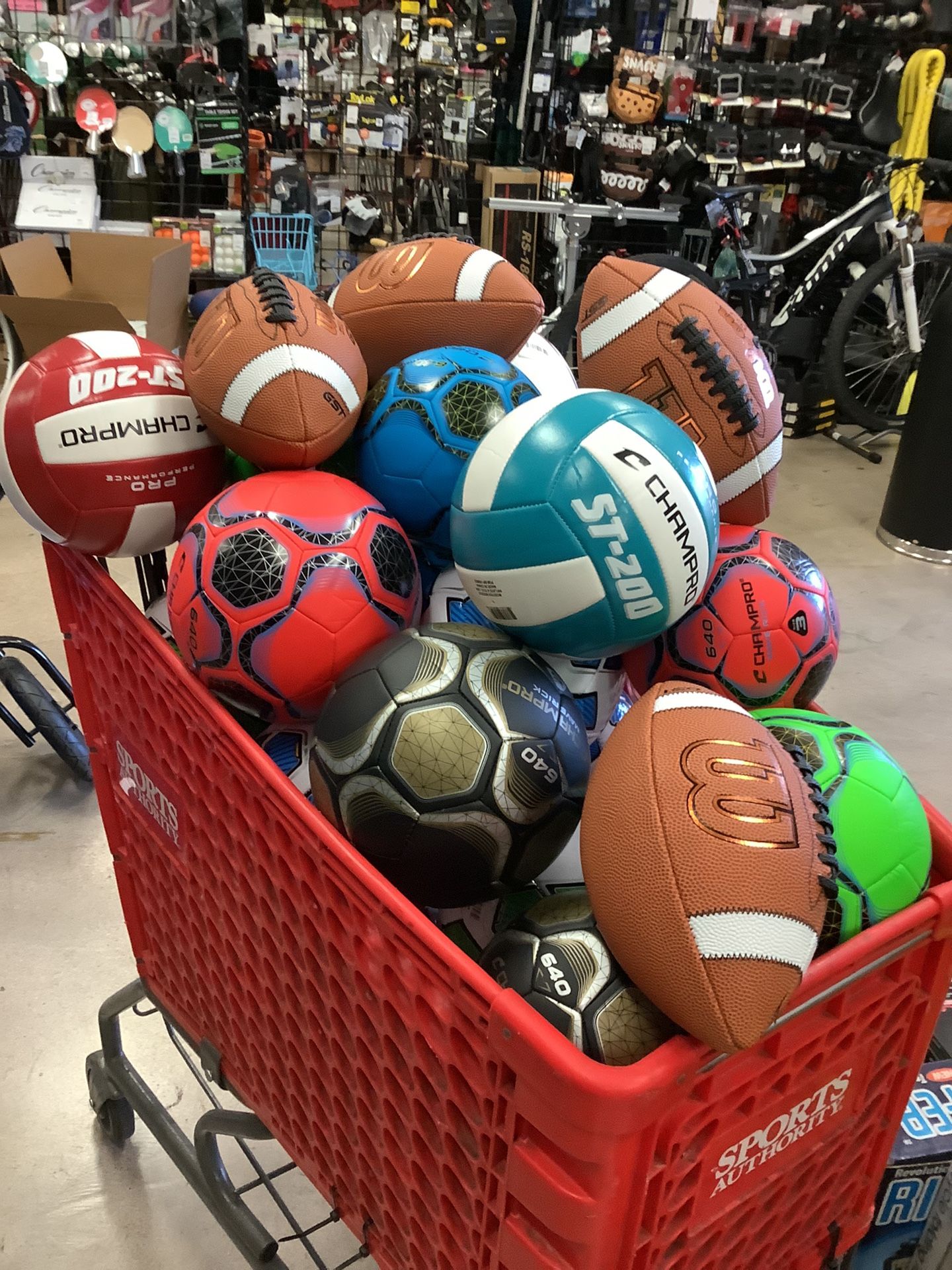 Footballs, soccer balls, basketballs, volleyballs, tennis balls