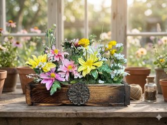 Reclaimed Wood Flower Box Centerpiece | Rustic Wooden Planter with Cast Iron Medallion | Farmhouse Table Decor | Handmade
