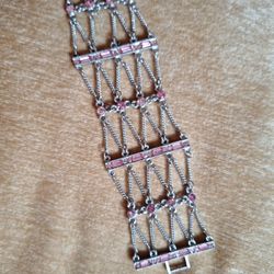 💝Wide Silver Tone Pink Rhinestone Bracelet💝