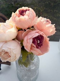 Faux Peony Bouquet in Glass Vase