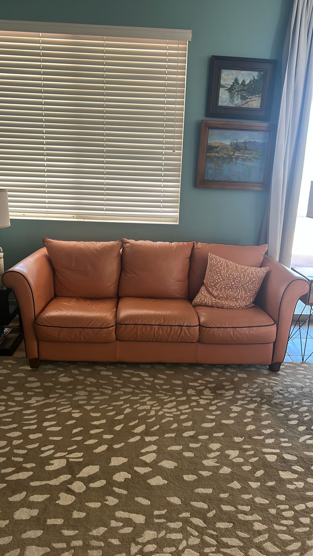 Terra Cotta Leather Couch With Black Piping