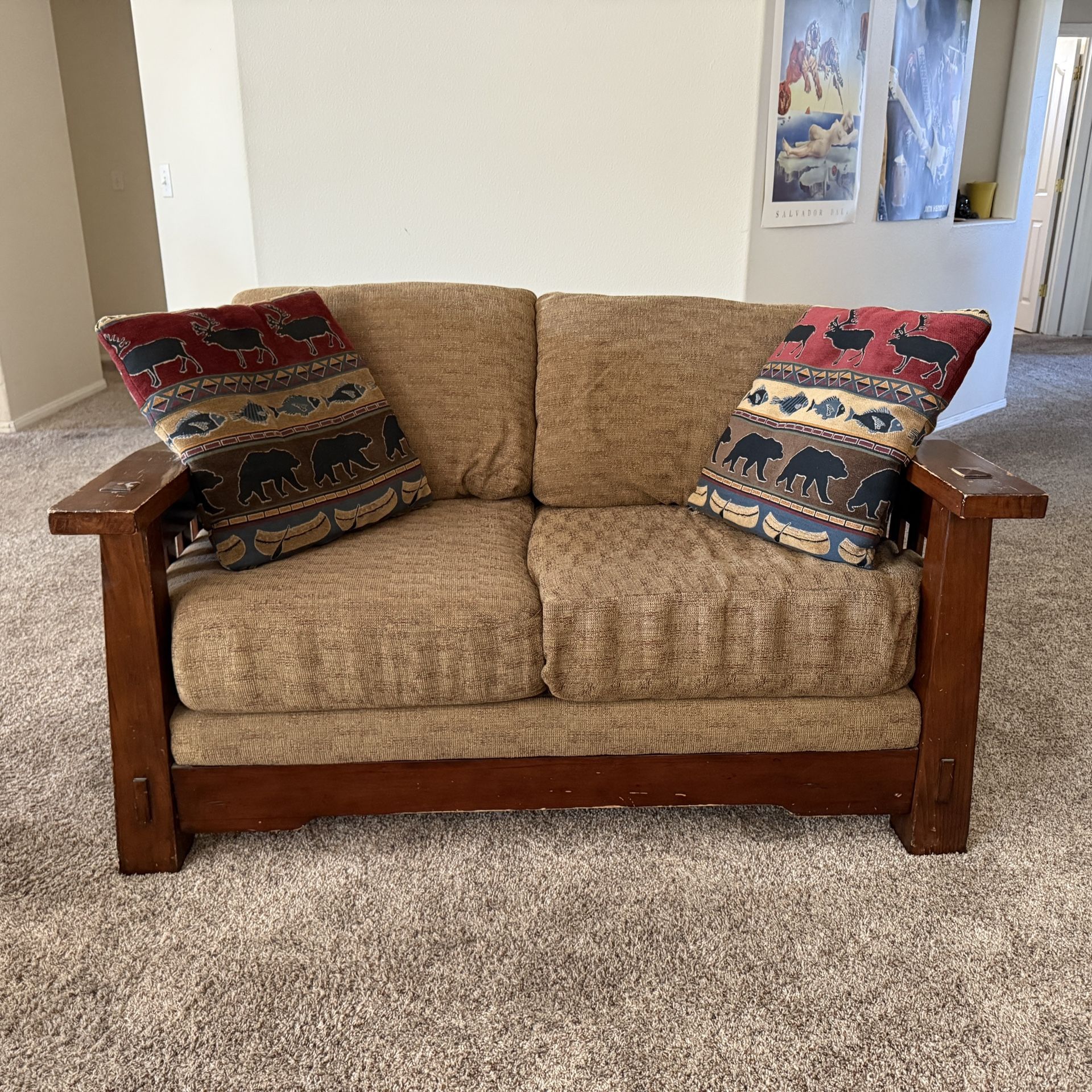 Solid Wood Mission-Style Couch & Chair Set β $250 (Great Condition, Minor Wear)